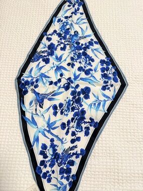 Aritzia Blue Floral Bird Silk Scarf